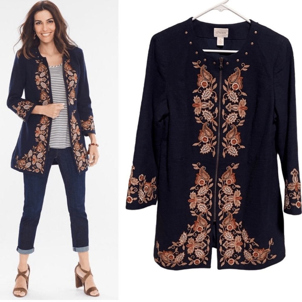Chico’s Navy Blue Floral Embroidered Detail Jacket Size Medium
